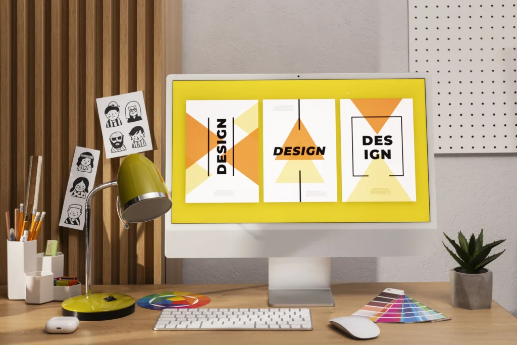 GrowEasy, the Best Digital Marketing Agency in Haldwani, showcases creative graphic design on a monitor at a designer's workstation, complete with color palettes and tools.