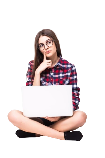 A thoughtful woman, representing the strategic minds at GrowEasy, the Best Digital Marketing Agency in Haldwani, contemplating SEO solutions with her laptop.