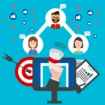 Illustration of a megaphone from a computer screen reaching a social network of users with likes and comments, symbolizing GrowEasy's expert social media marketing for traffic generation as the best digital marketing agency in Haldwani.