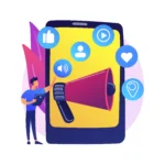 Illustration of a person interacting with a large smartphone from which a megaphone emerges, surrounded by social media advertising icons, symbolizing GrowEasy's expert social media advertising services as the best digital marketing agency in Haldwani.