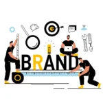 Illustrated graphic depicting a team collaboratively measuring and building the word "BRAND" with design tools, symbolizing GrowEasy's expert services for branding and identity as the best digital marketing agency in Haldwani.