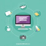 Infographic showing a central computer screen surrounded by various graphic design tools and elements, representing GrowEasy's comprehensive services for creating compelling images and illustrations as the best digital marketing agency in Haldwani.