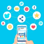 Illustration of hands interacting with a smartphone connected to a web of diverse social media platform icons, symbolizing GrowEasy's expert management across all social media platforms as the best digital marketing agency in Haldwani.