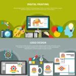 Two-part graphic illustrating digital painting tools and logo design concepts across print and digital media, showcasing GrowEasy's versatile graphic design services as the best digital marketing agency in Haldwani.