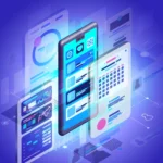 Isometric illustration of a smartphone displaying various app interfaces, data, and user elements, symbolizing GrowEasy's expert focus on user experience (UX) design as the best digital marketing agency in Haldwani.