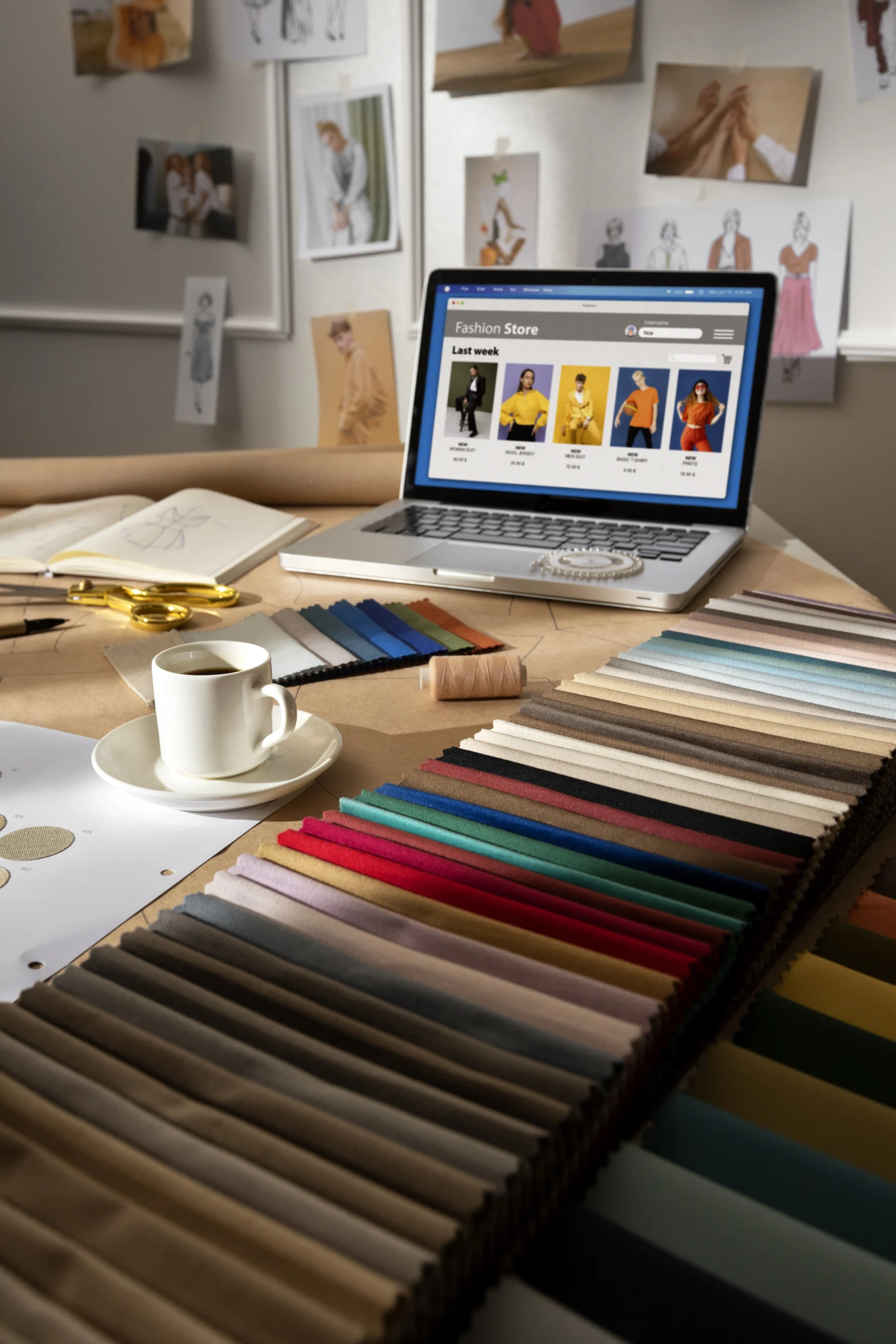 Designer's desk with fabric swatches, sketches, and a laptop displaying a fashion store, illustrating GrowEasy's expertise in visual communication, typography, layout, composition, and color theory as the best digital marketing agency in Haldwani.