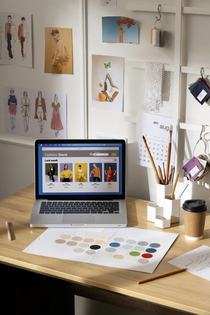 Creative workspace of a graphic designer, showing fashion sketches, color swatches, and a laptop displaying an e-commerce fashion store, illustrating GrowEasy's expert graphic design services as part of the best digital marketing agency in Haldwani.